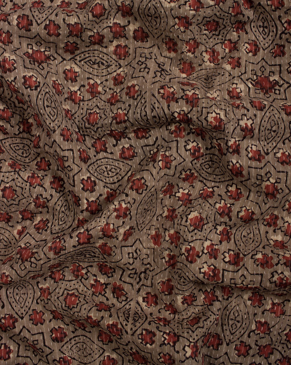 Floral Pattern Jhag Ajrak Hand Block Natural Dye Kantha Cotton Fabric - Fabriclore.com