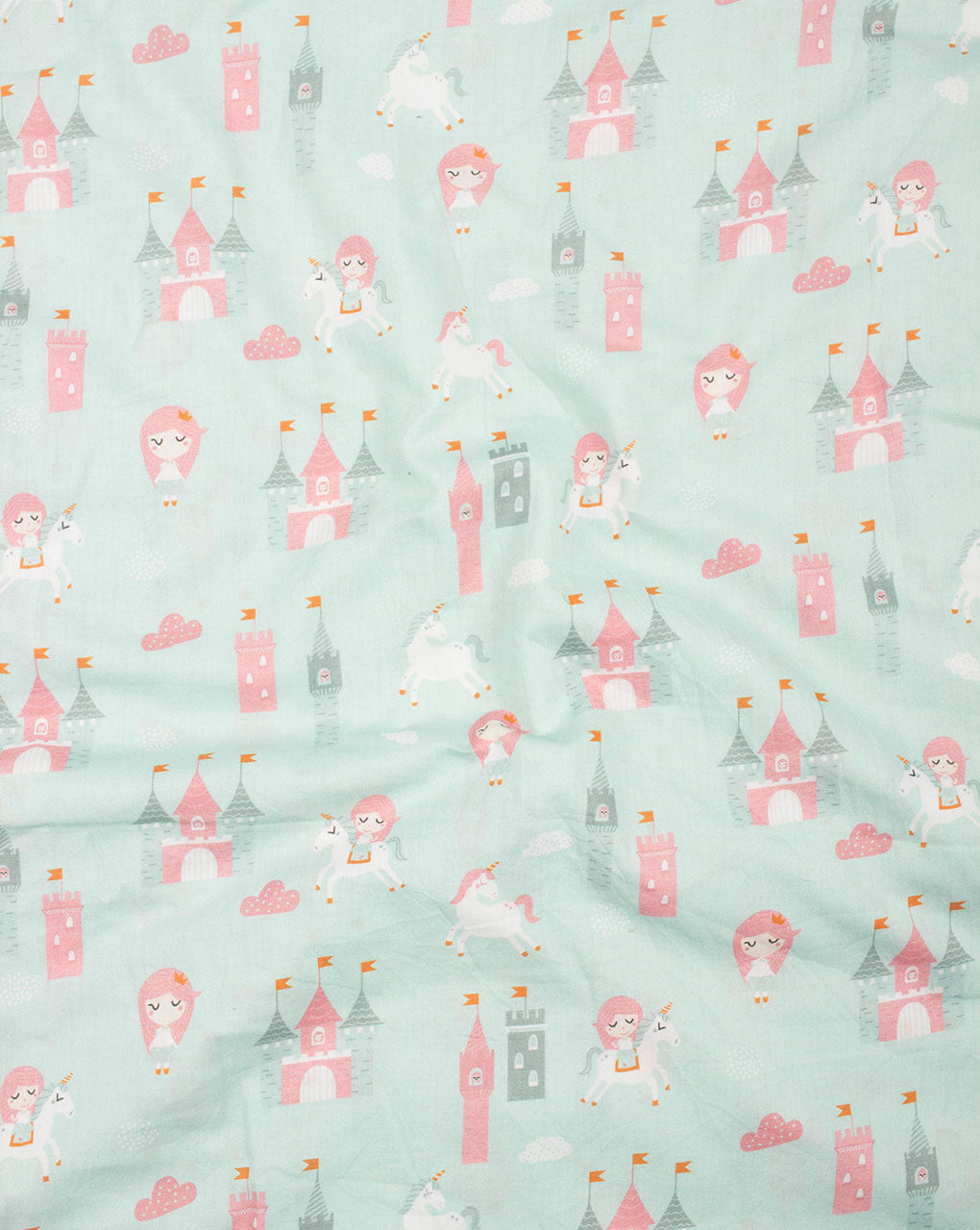 Turquoise White Objects Kids Digital Print Cotton Fabric - Fabriclore.com