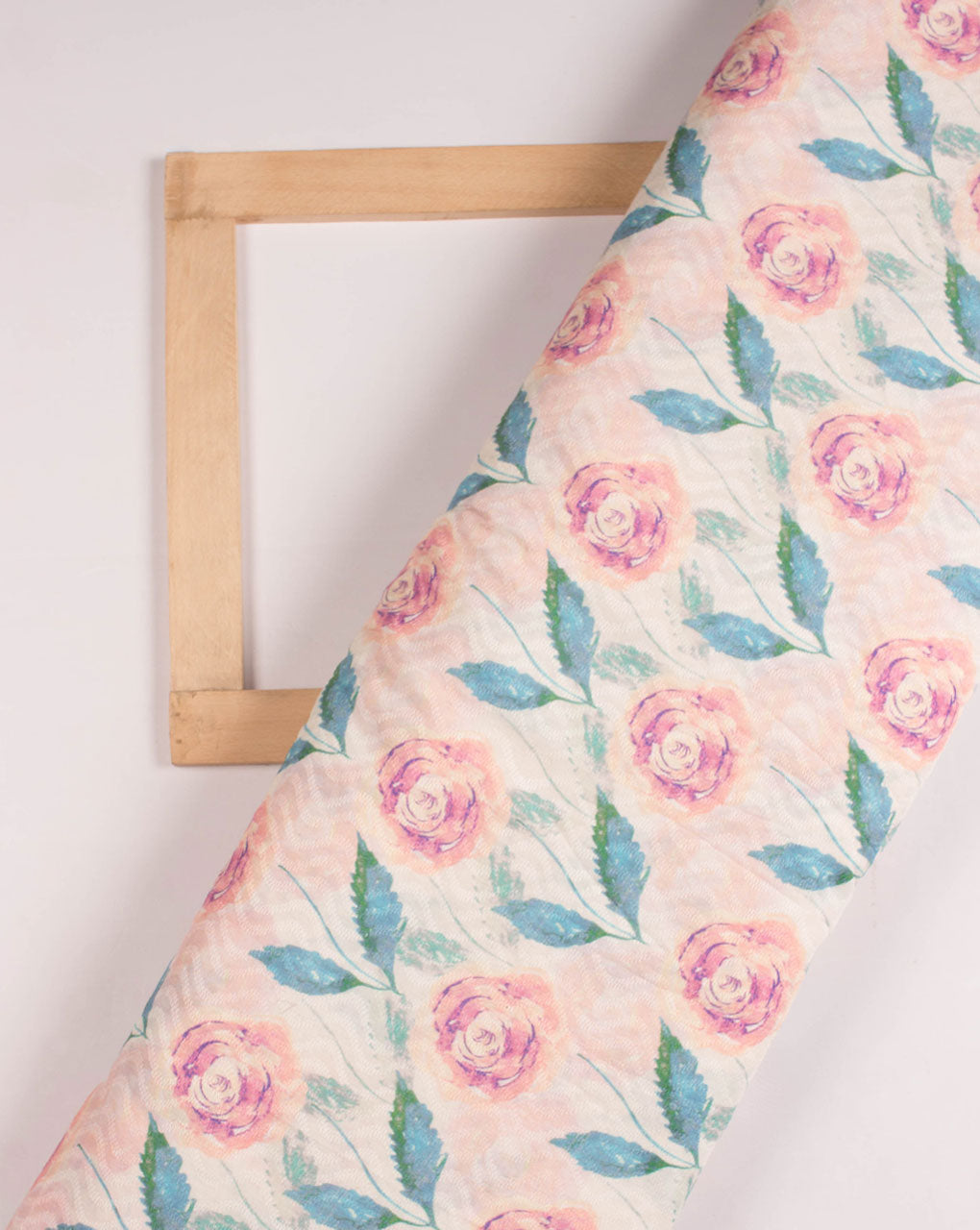 Off-White Pink Floral Digital Print Dobby Cotton Fabric - Fabriclore.com