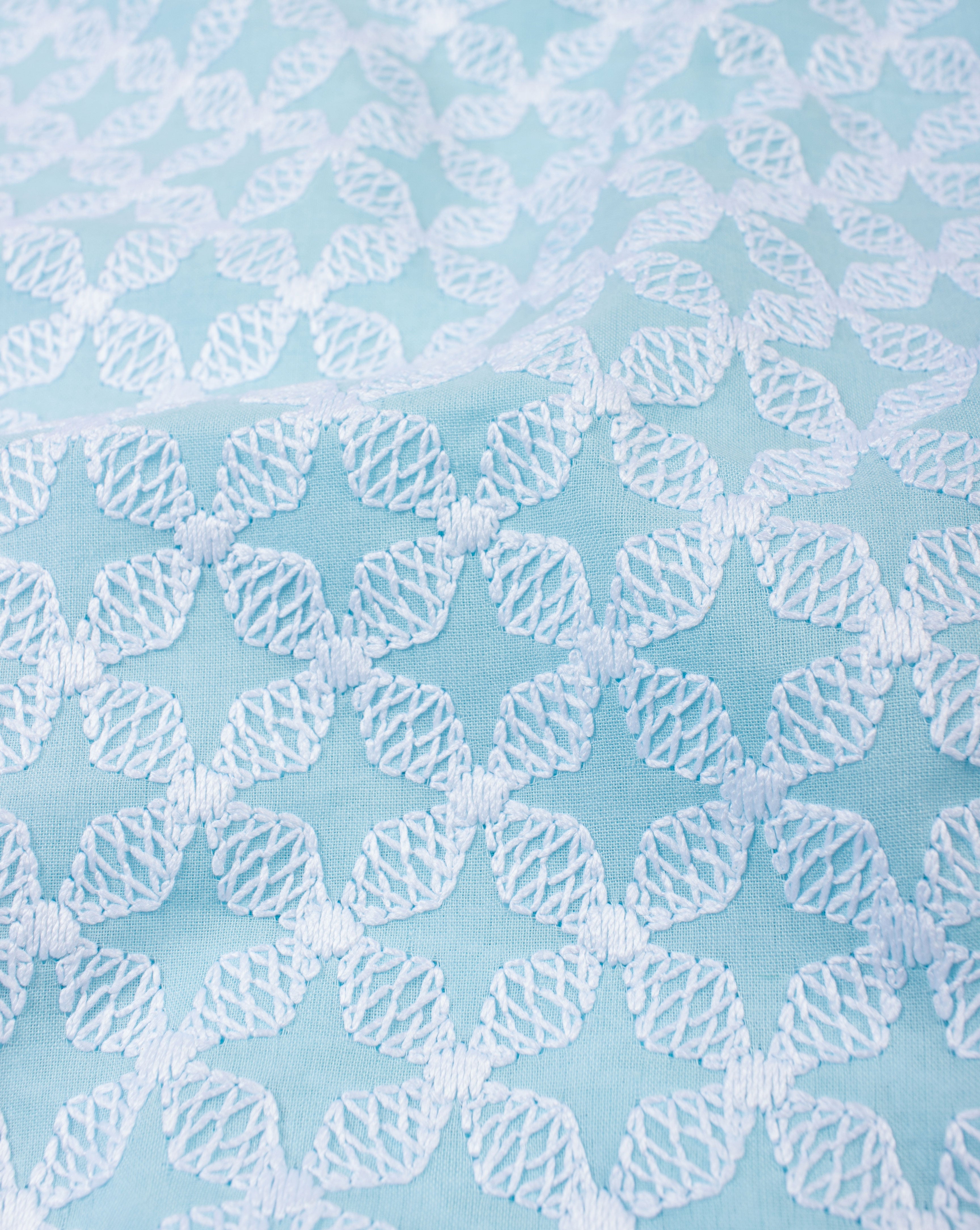 Turquoise Floral Pattern Embroidered Cotton Fabric - Fabriclore.com