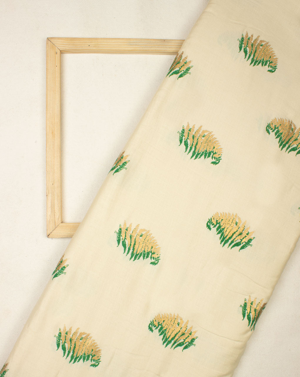 Off-White Green Floral Foil Screen Print Glazed Cotton Fabric - Fabriclore.com