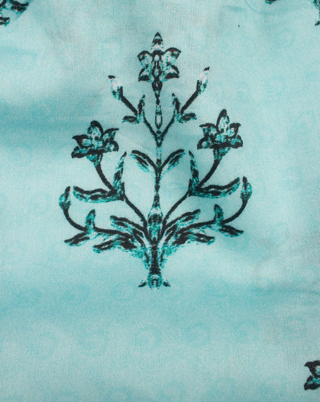 Turquoise Black Floral Pattern Digital Print Glazed Cotton Fabric - Fabriclore.com