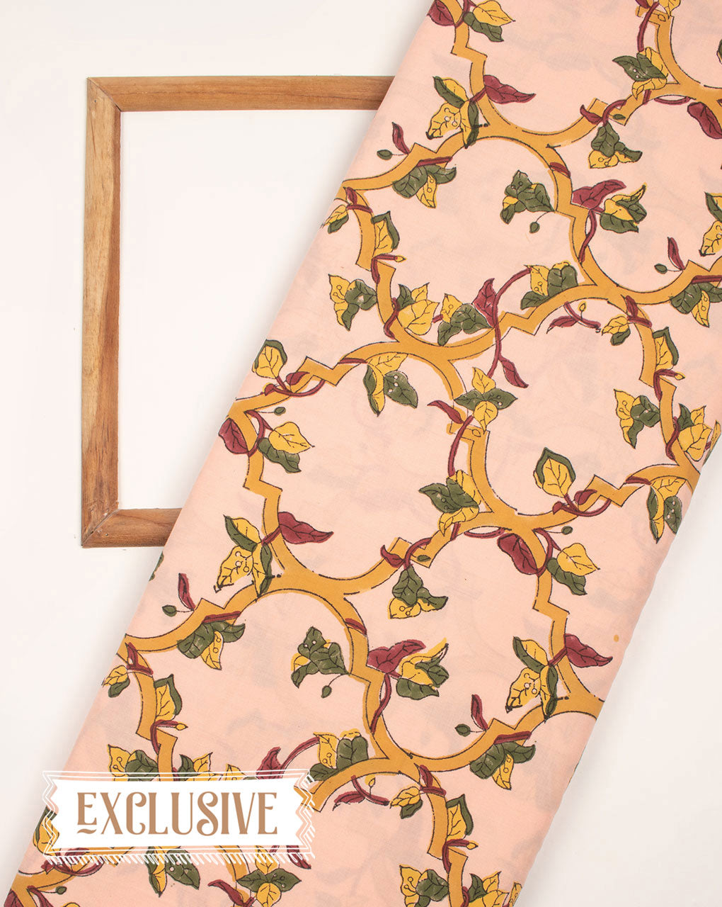 Salmon Green Exclusive Design Floral Hand Block With Border Lizzy Bizzy Fabric - Fabriclore.com