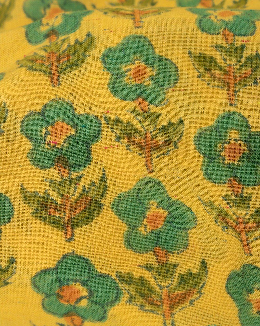 ( Pre-Cut 1.75 MTR ) Yellow Green Booti Pattern Hand Block Neps Cotton Fabric - Fabriclore.com