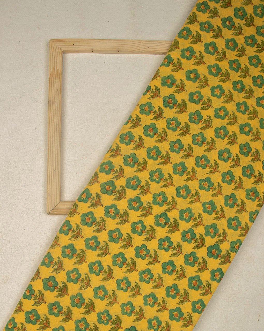 ( Pre-Cut 1.25 MTR ) Yellow Green Booti Pattern Hand Block Neps Cotton Fabric - Fabriclore.com