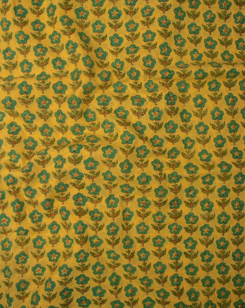 ( Pre-Cut 1.75 MTR ) Yellow Green Booti Pattern Hand Block Neps Cotton Fabric - Fabriclore.com
