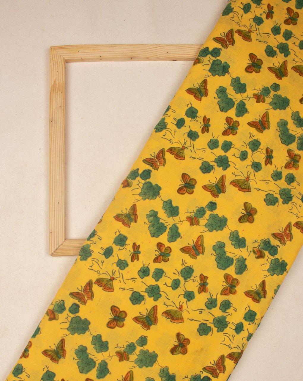 ( Pre-Cut 1.75 MTR ) Yellow Green Creature Print Hand Block Neps Cotton Fabric - Fabriclore.com