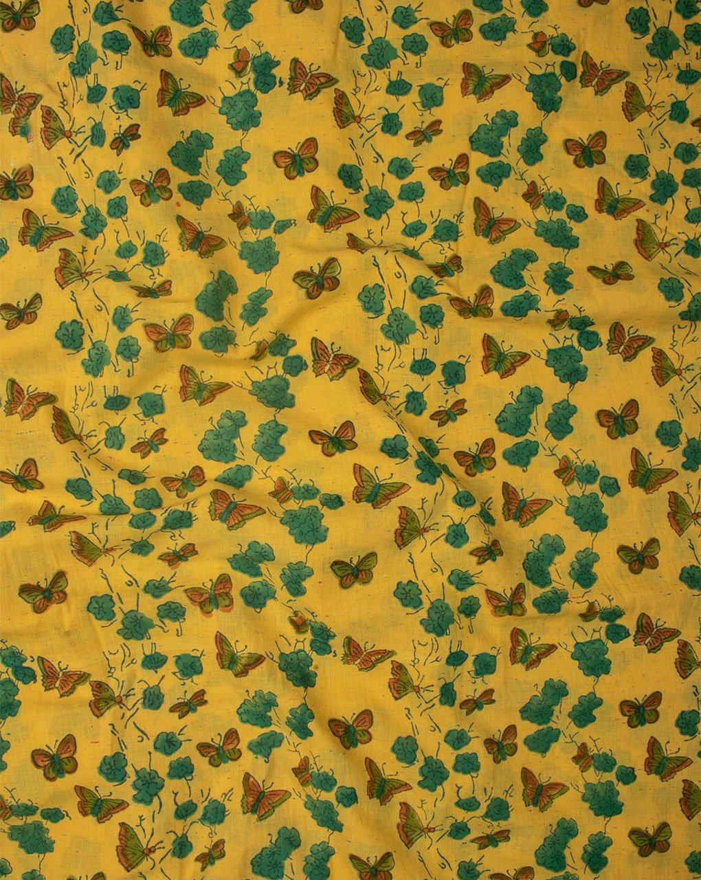( Pre-Cut 1.75 MTR ) Yellow Green Creature Print Hand Block Neps Cotton Fabric - Fabriclore.com