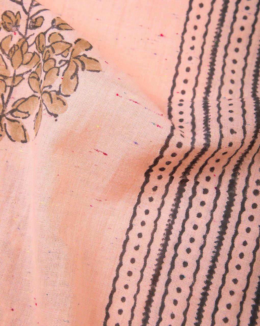 ( Pre-Cut 1.5 MTR ) Peach Green Stripes Pattern Hand Block Neps Cotton Fabric - Fabriclore.com