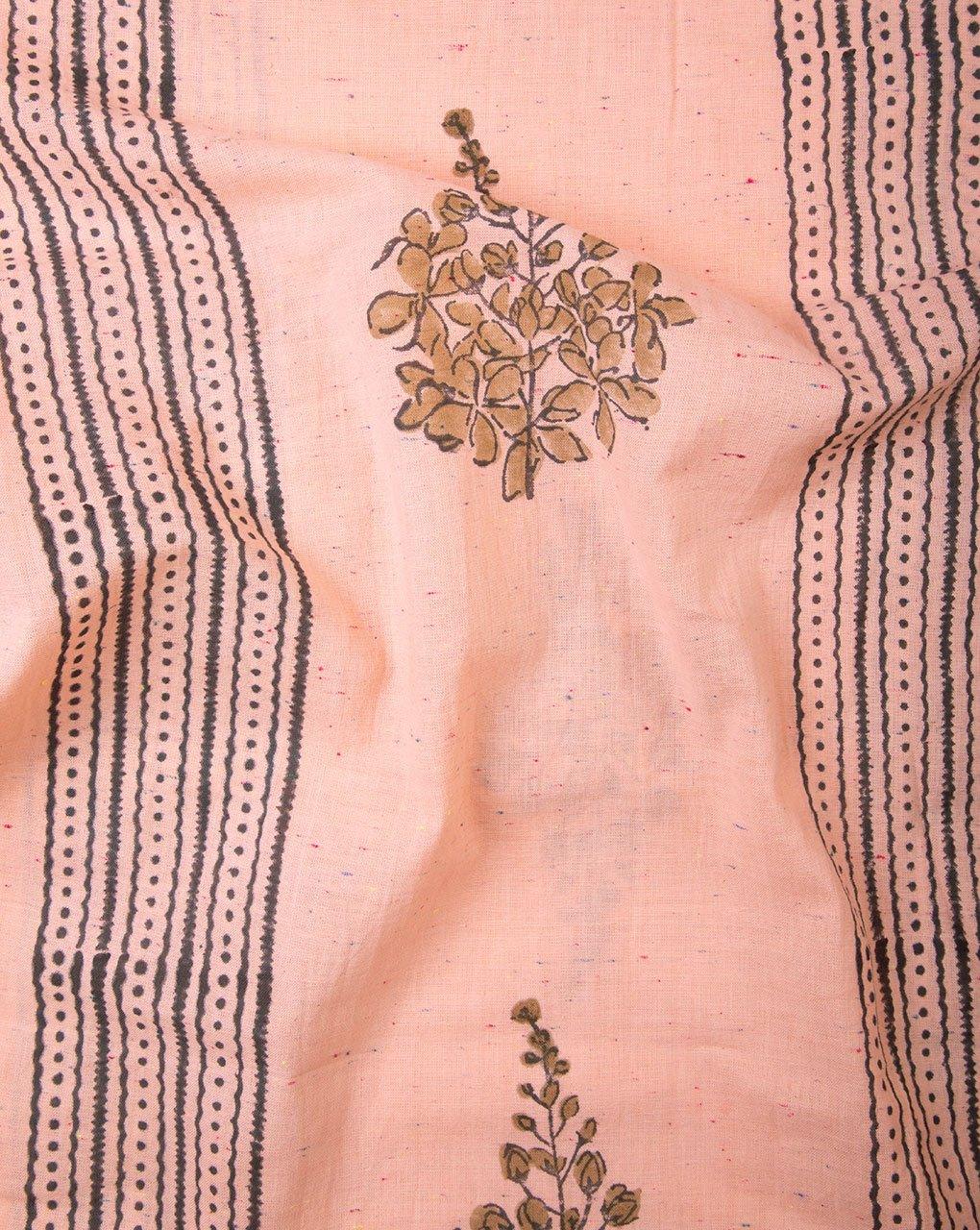 ( Pre-Cut 1.5 MTR ) Peach Green Stripes Pattern Hand Block Neps Cotton Fabric - Fabriclore.com