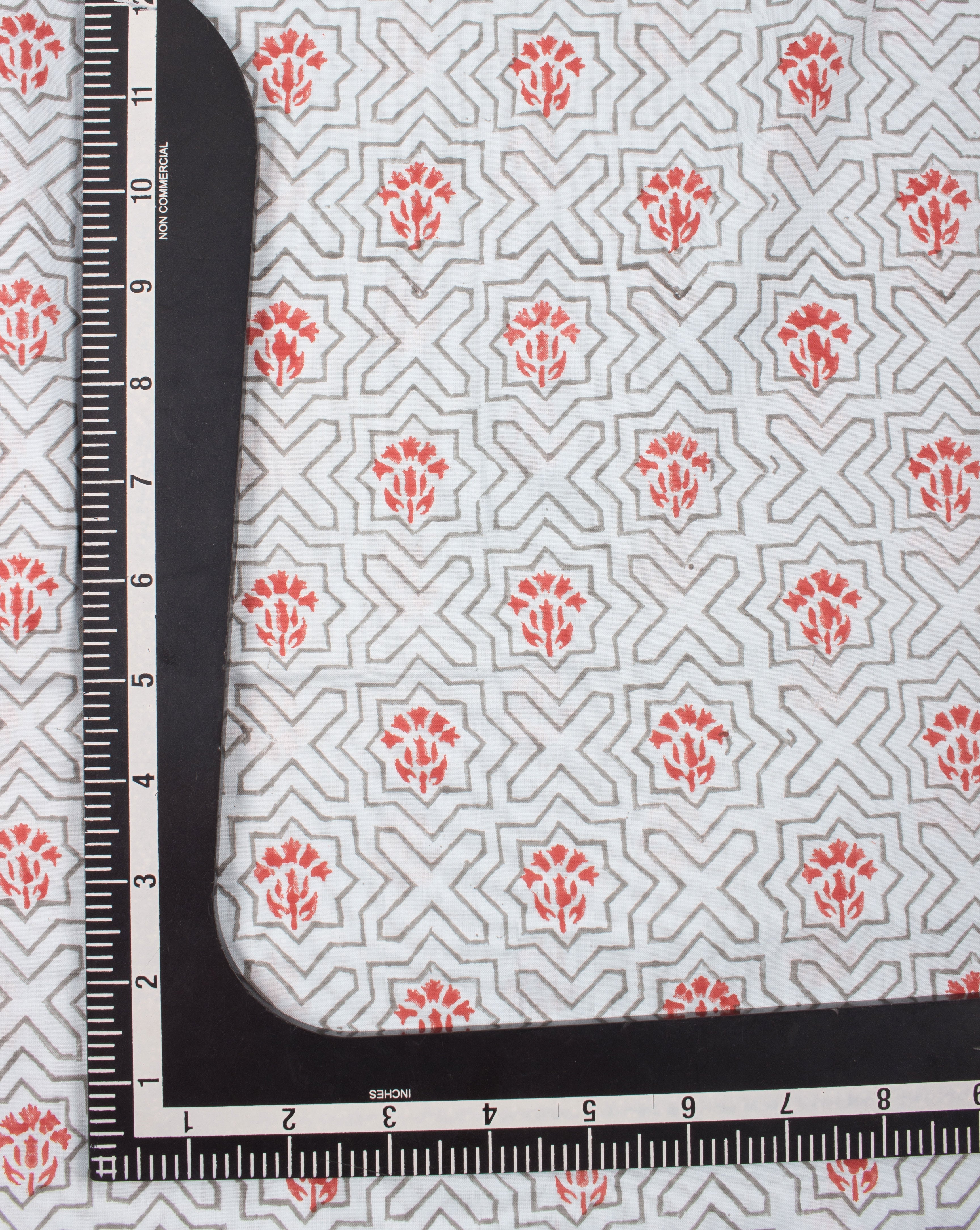 Aqua Red Geometric Pattern Hand Block Lizzy Bizzy Cotton Fabric - Fabriclore.com
