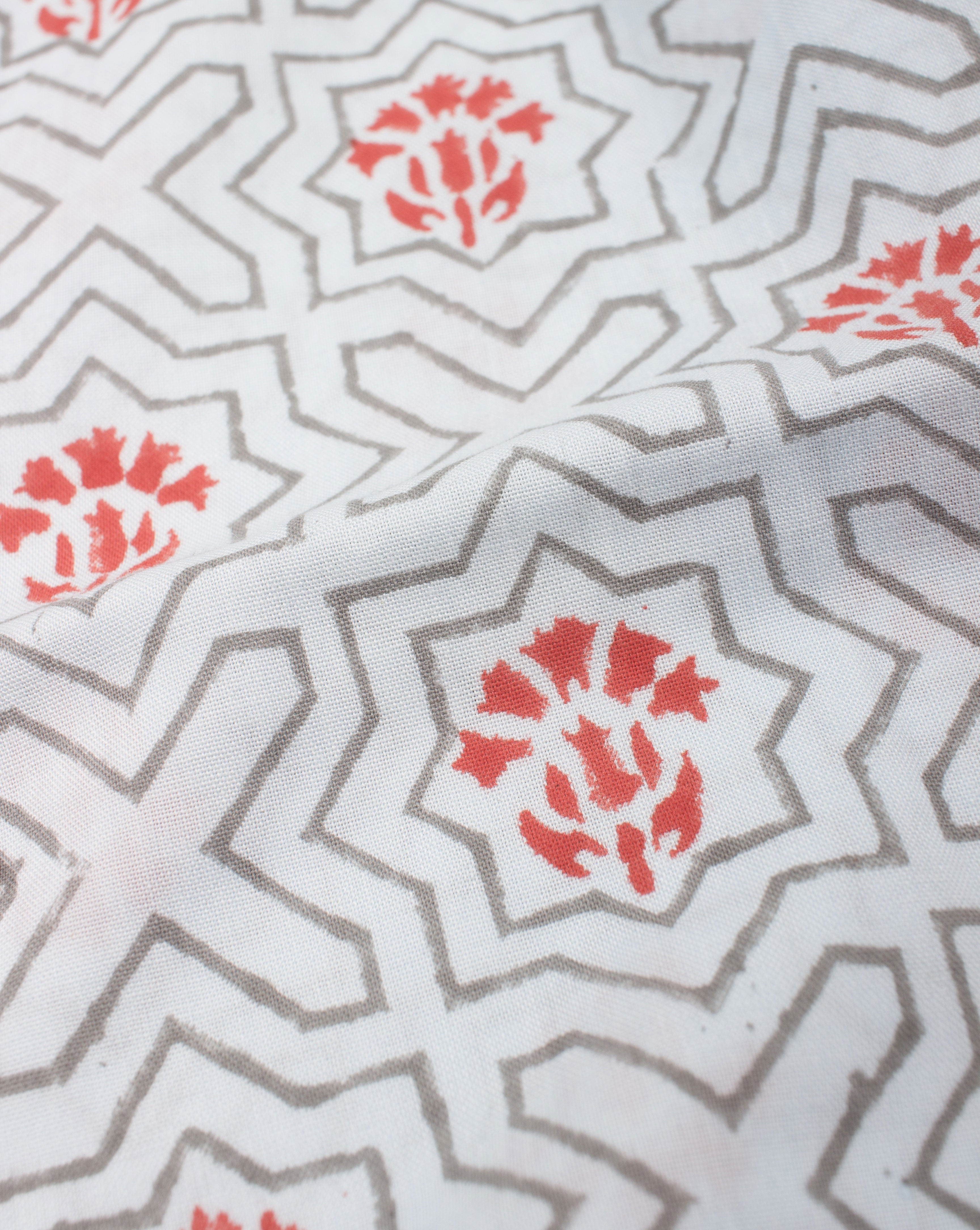 Aqua Red Geometric Pattern Hand Block Lizzy Bizzy Cotton Fabric - Fabriclore.com