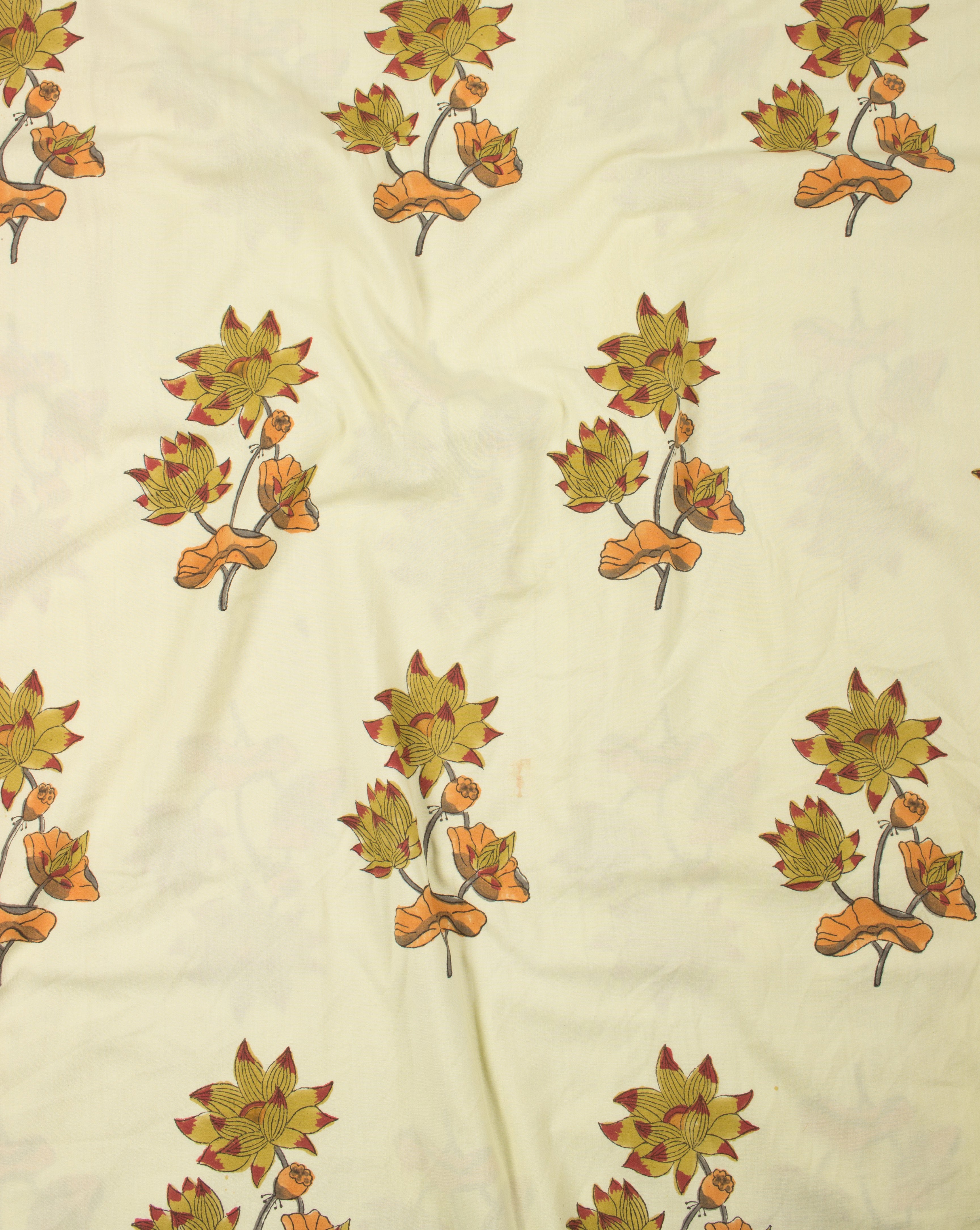 Yellow Red Floral Pattern Hand Block Lizzy Bizzy Cotton Fabric - Fabriclore.com
