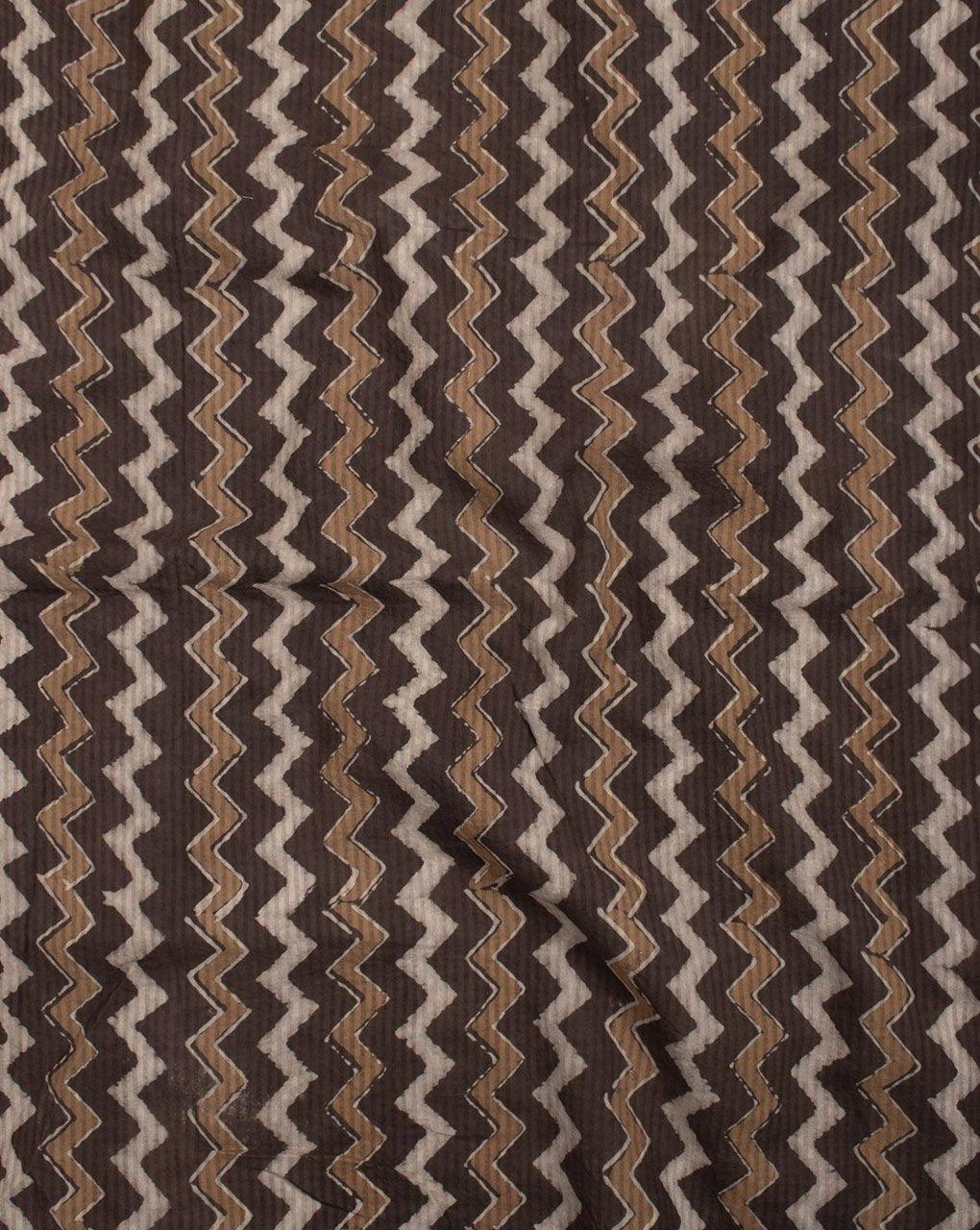 ( Pre-Cut 1.75 MTR ) Brown Chevron Pattern Missing Dent Hand Block Cotton Fabric - Fabriclore.com