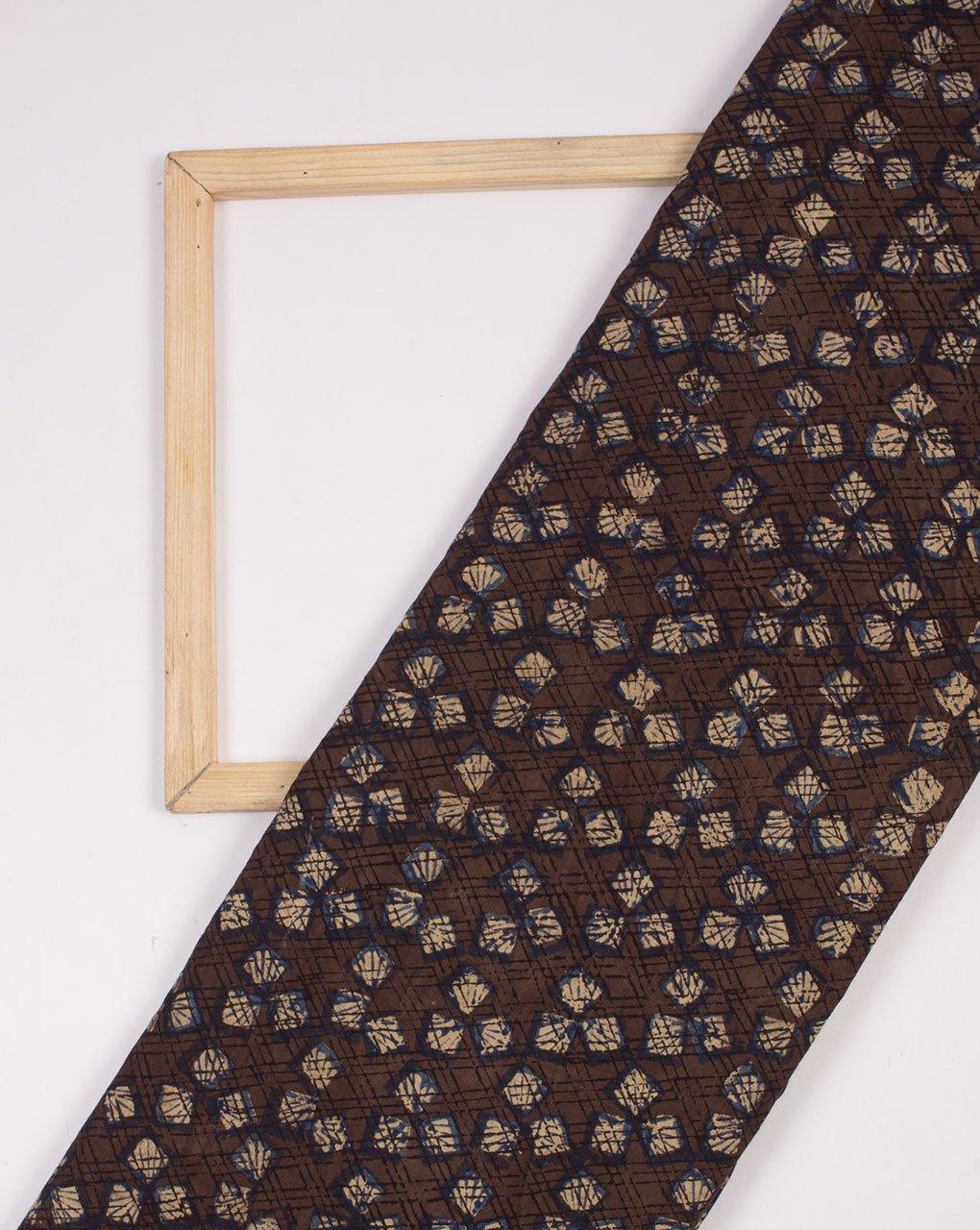 ( Pre-Cut 1.75 MTR ) Brown Geometric Pattern Natural Dye Jhag Print Hand Block Cotton Fabric - Fabriclore.com