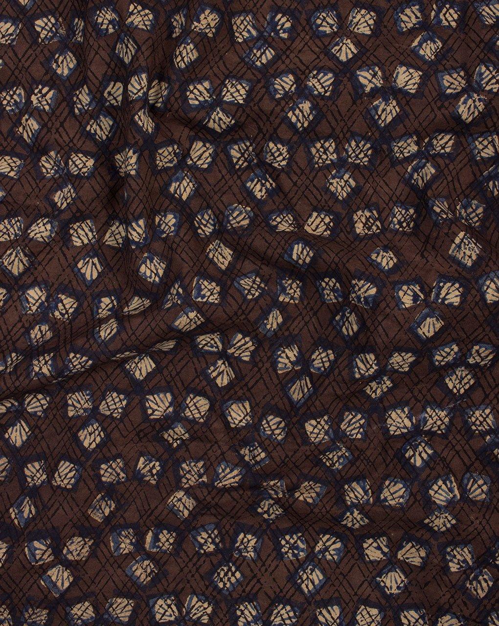 ( Pre-Cut 1.75 MTR ) Brown Geometric Pattern Natural Dye Jhag Print Hand Block Cotton Fabric - Fabriclore.com