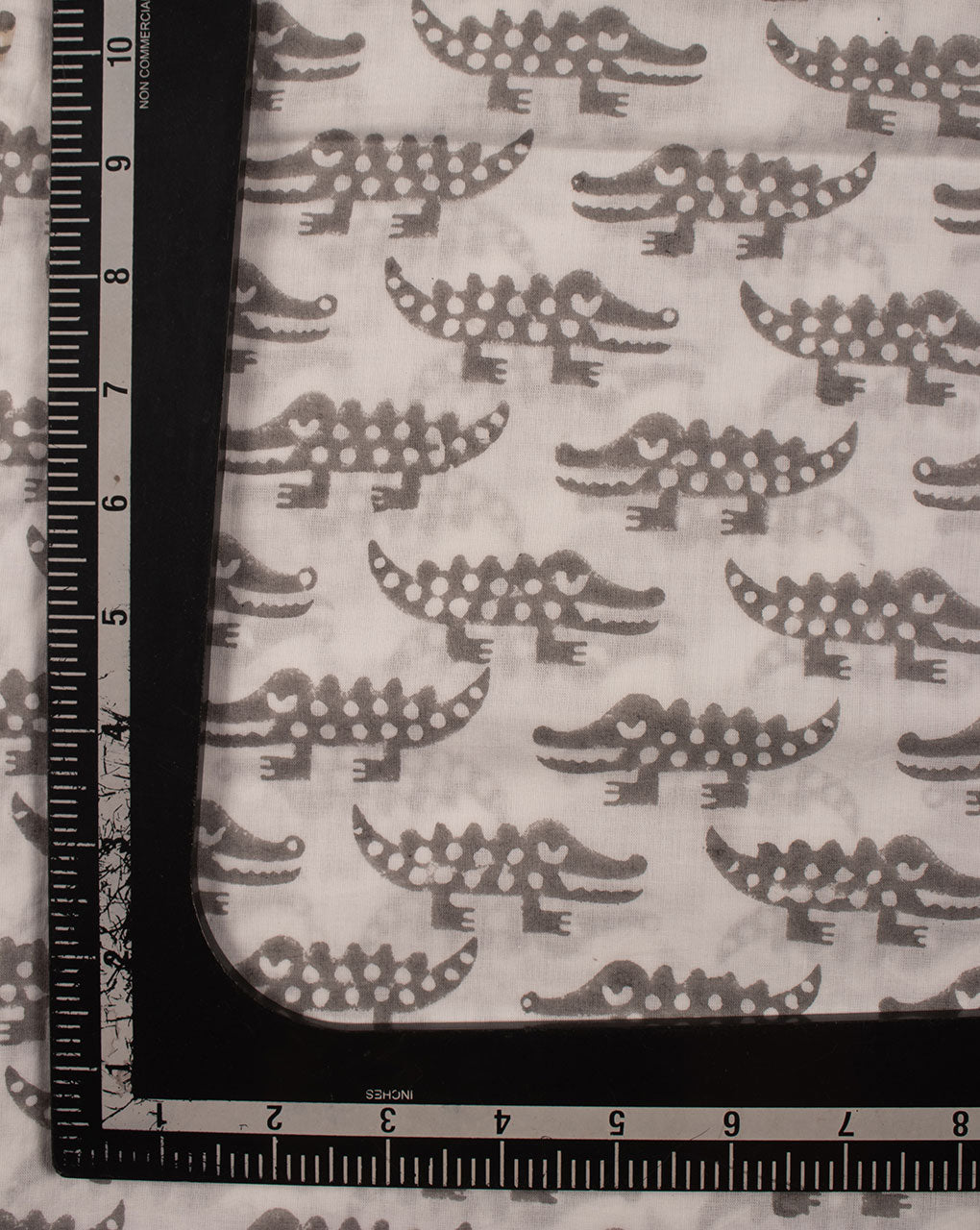 White Grey Creature Print Hand Block Kids Print Cotton Fabric - Fabriclore.com