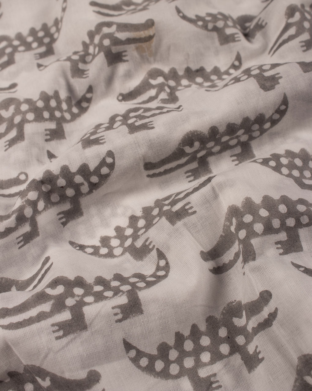 White Grey Creature Print Hand Block Kids Print Cotton Fabric - Fabriclore.com