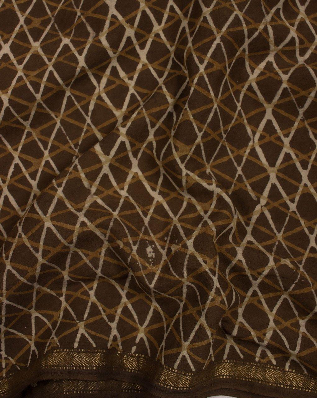 ( Pre-Cut 1.25 MTR ) Geometric Pattern Akola Hand Block Zari Border Mercerized Cotton Fabric - Fabriclore.com