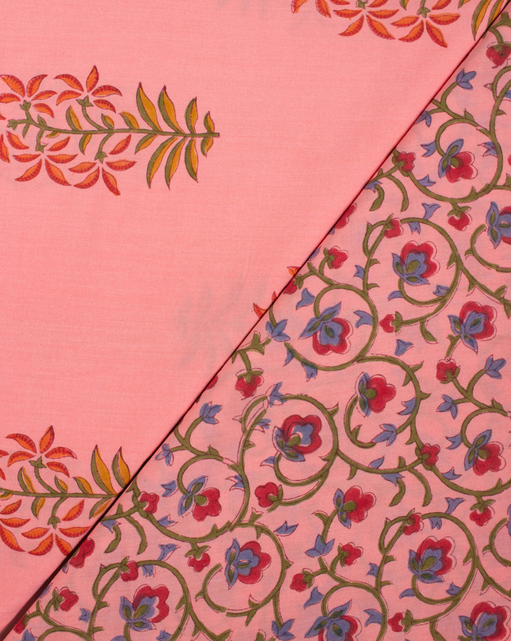 Salmon Red Floral Pattern Hand Block Lizzy Bizzy Cotton Fabric - Fabriclore.com