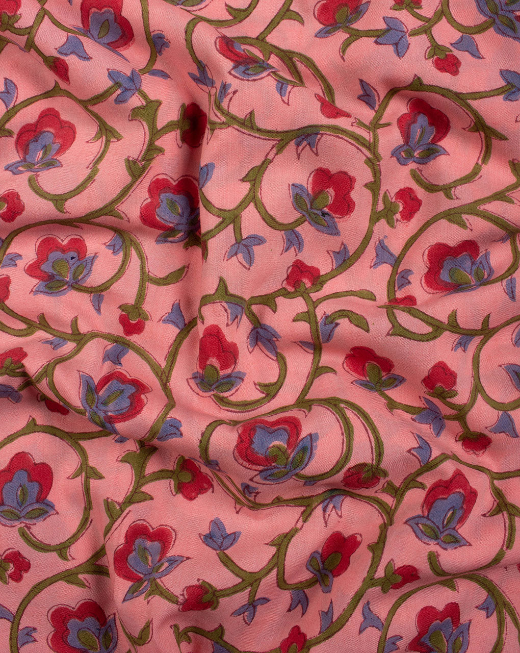 Salmon Red Floral Pattern Hand Block Lizzy Bizzy Cotton Fabric - Fabriclore.com