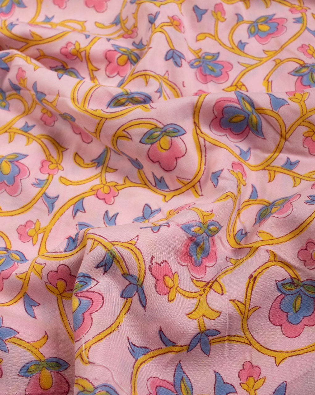 Pink Yellow Floral Pattern Hand Block Lizzy Bizzy Cotton Fabric - Fabriclore.com