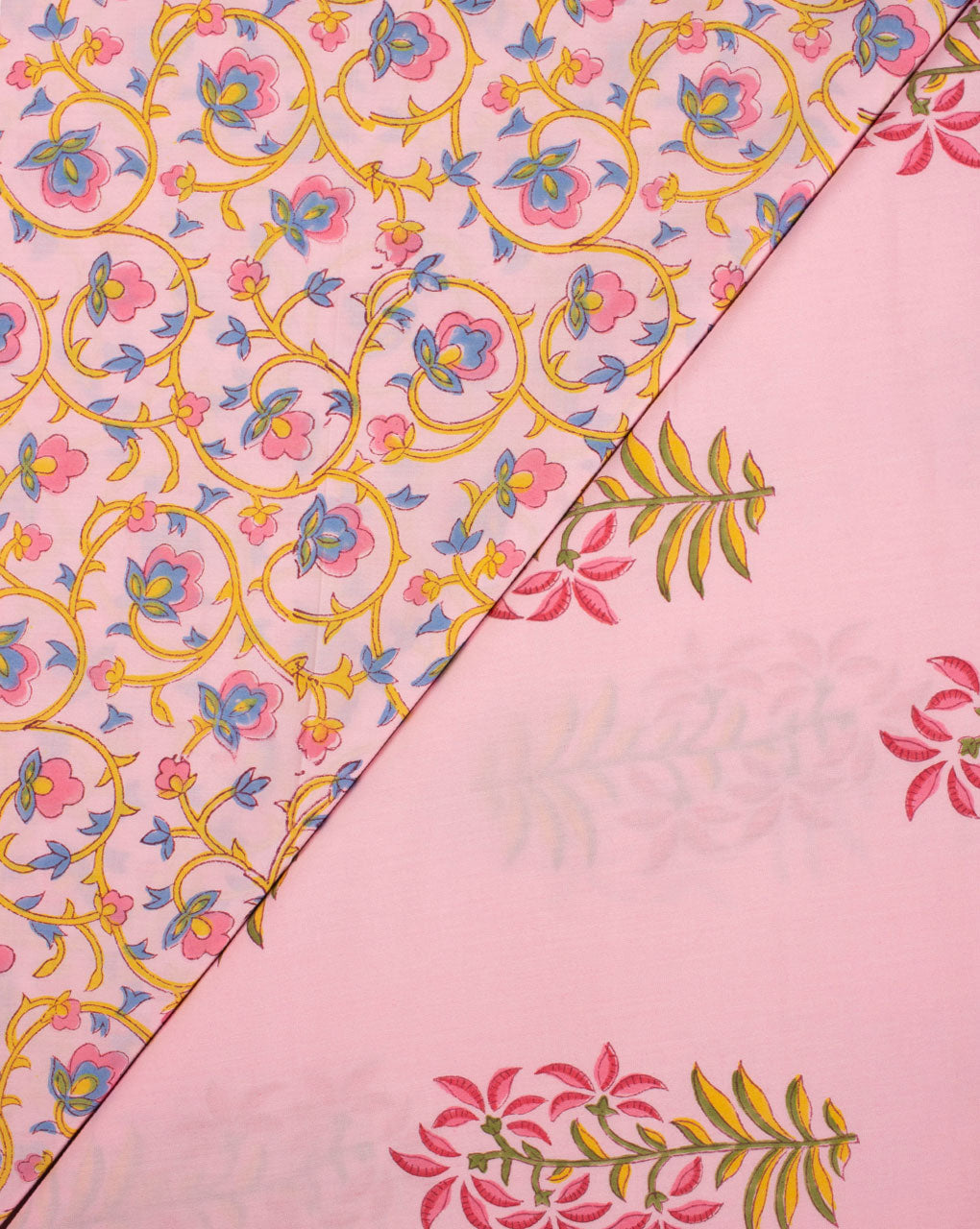Pink Yellow Floral Pattern Hand Block Lizzy Bizzy Cotton Fabric - Fabriclore.com