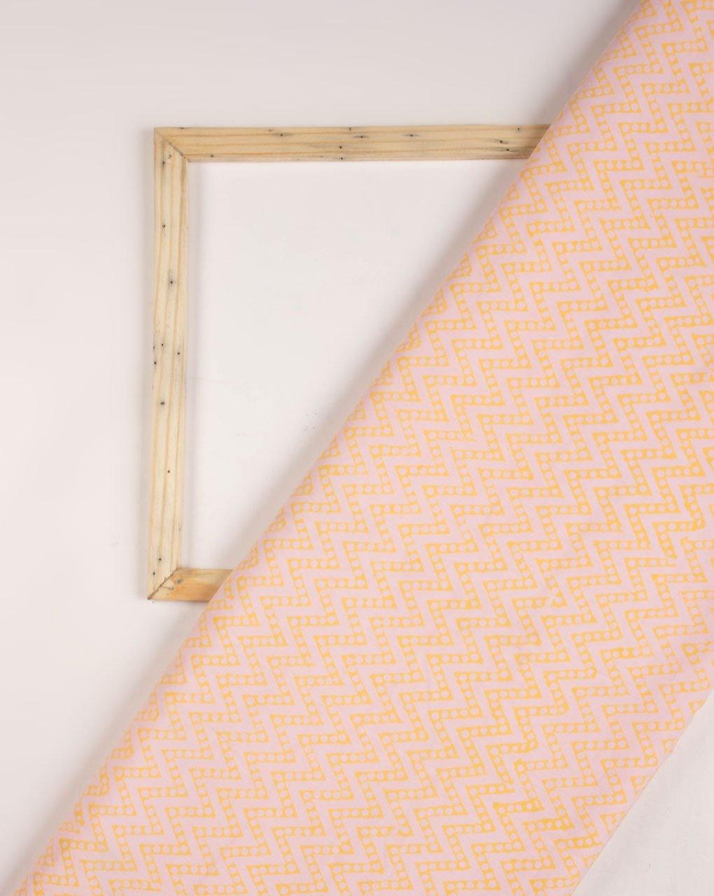 ( Pre-Cut 75 CM ) Light Pink Yellow Chevron Pattern Hand Block Lizzy Bizzy Cotton Fabric - Fabriclore.com