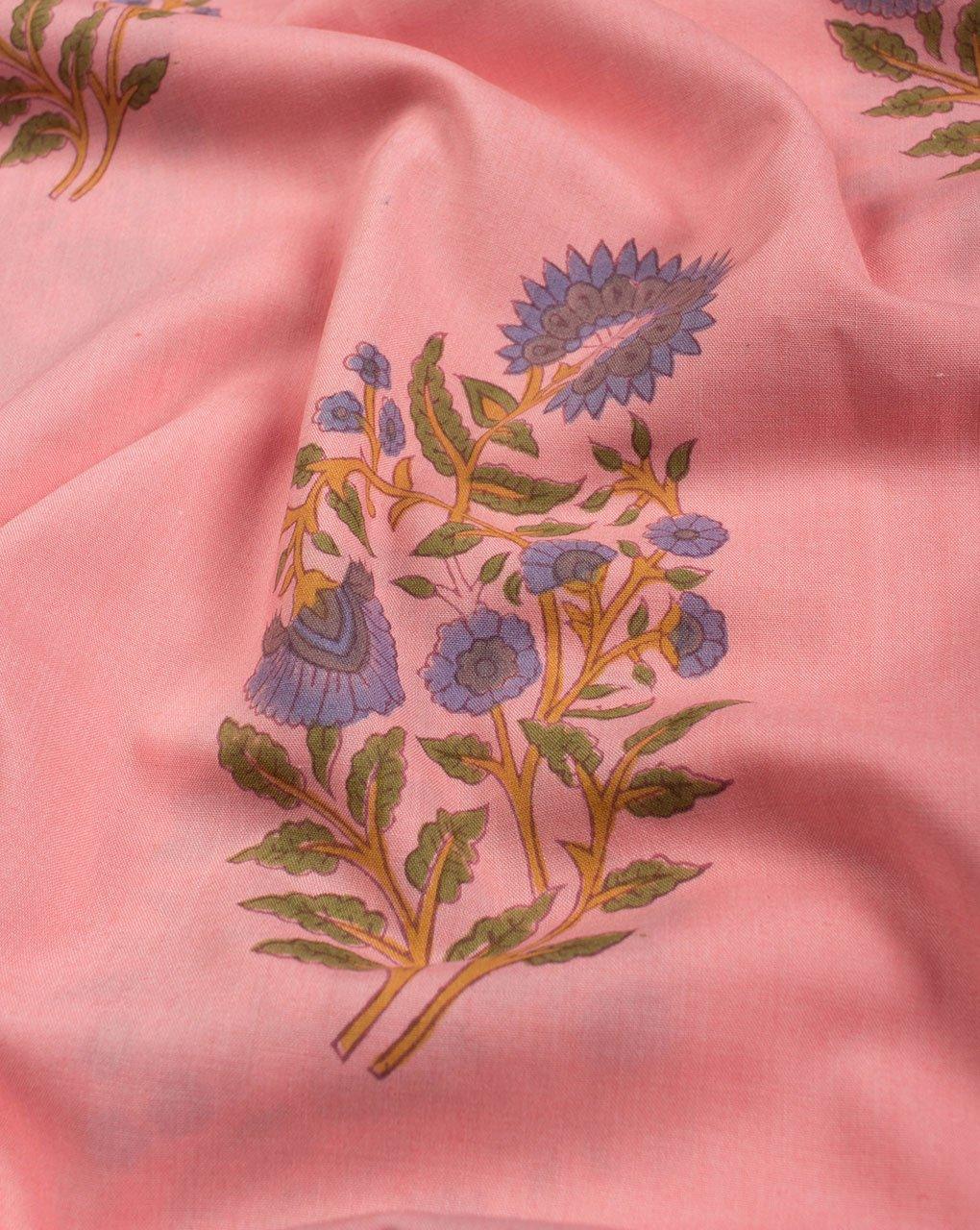 ( Pre-Cut 1 MTR ) Salmon Blue Boota Pattern Hand Block Lizzy Bizzy Cotton Fabric - Fabriclore.com