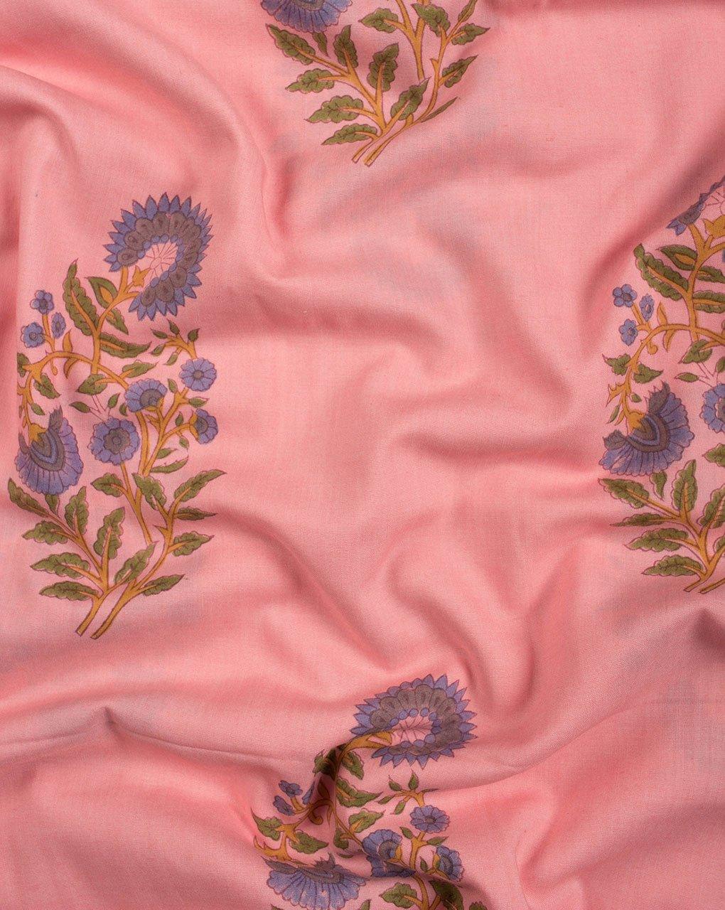 ( Pre-Cut 1 MTR ) Salmon Blue Boota Pattern Hand Block Lizzy Bizzy Cotton Fabric - Fabriclore.com