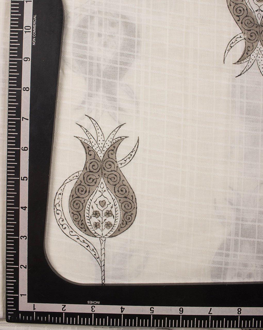 ( Pre-Cut 1.5 MTR ) Floral Monochrome Hand Block Dobby Cotton Fabric - Fabriclore.com