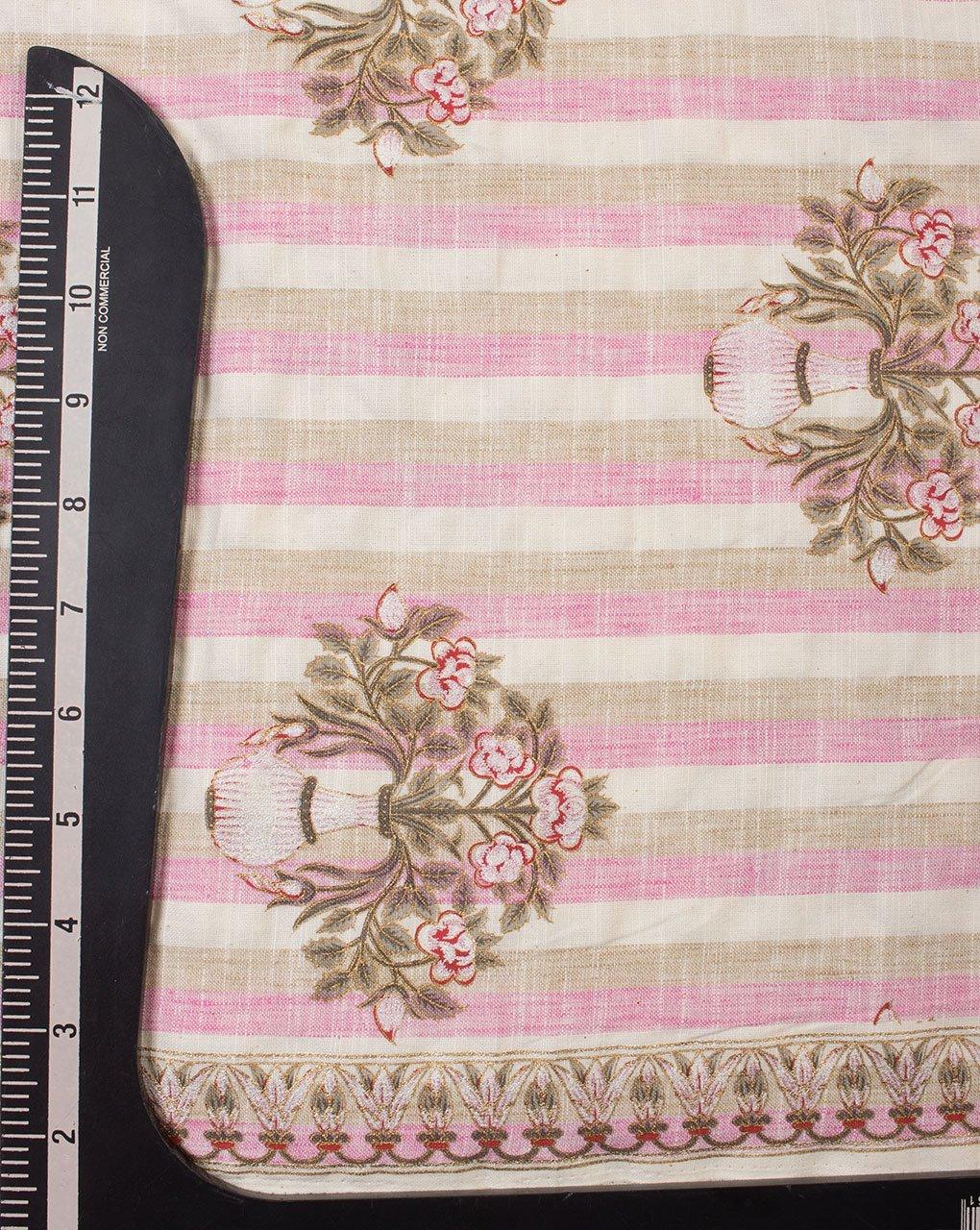 ( Pre-Cut 1.25 MTR ) Off-White Pink Floral Woven Loom Textured Foil Screen Print Cotton Fabric - Fabriclore.com