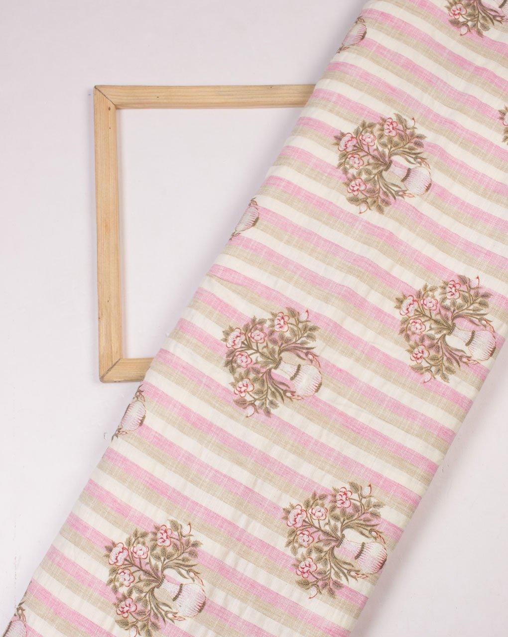 ( Pre-Cut 1.25 MTR ) Off-White Pink Floral Woven Loom Textured Foil Screen Print Cotton Fabric - Fabriclore.com