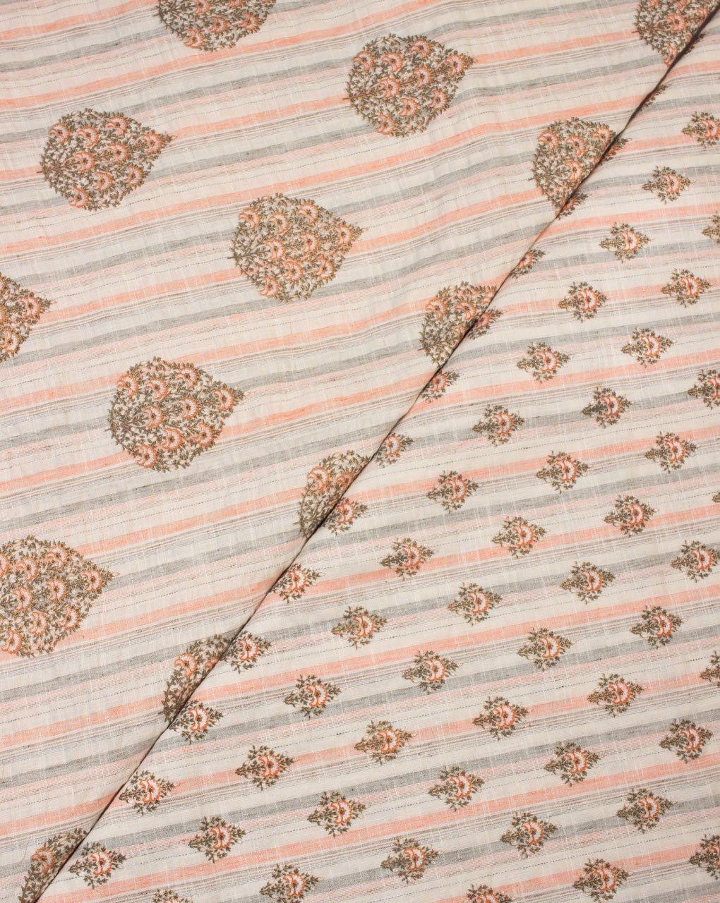( Pre-Cut 1.25 MTR ) Off-White Brown Floral Woven Loom Textured Foil Screen Print Cotton Fabric - Fabriclore.com
