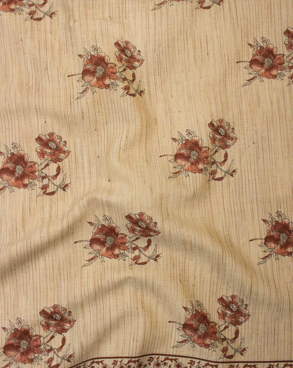 Beige Red Floral Woven Loom Textured Foil Screen Print Cotton Fabric - Fabriclore.com