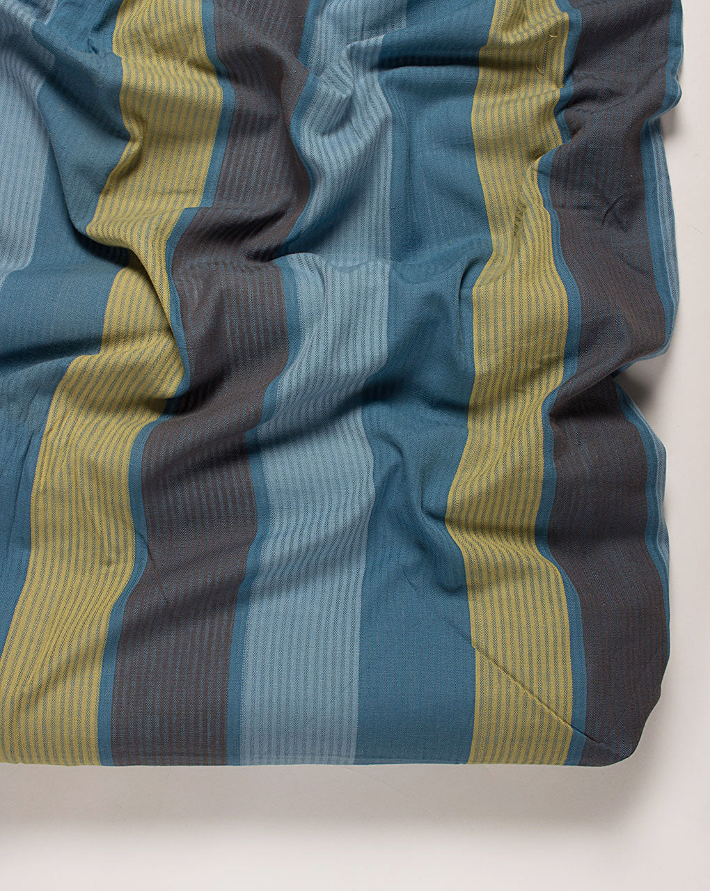 ( Pre Cut 90 CM ) Blue Yellow Stripes Woven Pure Handloom Cotton Fabric