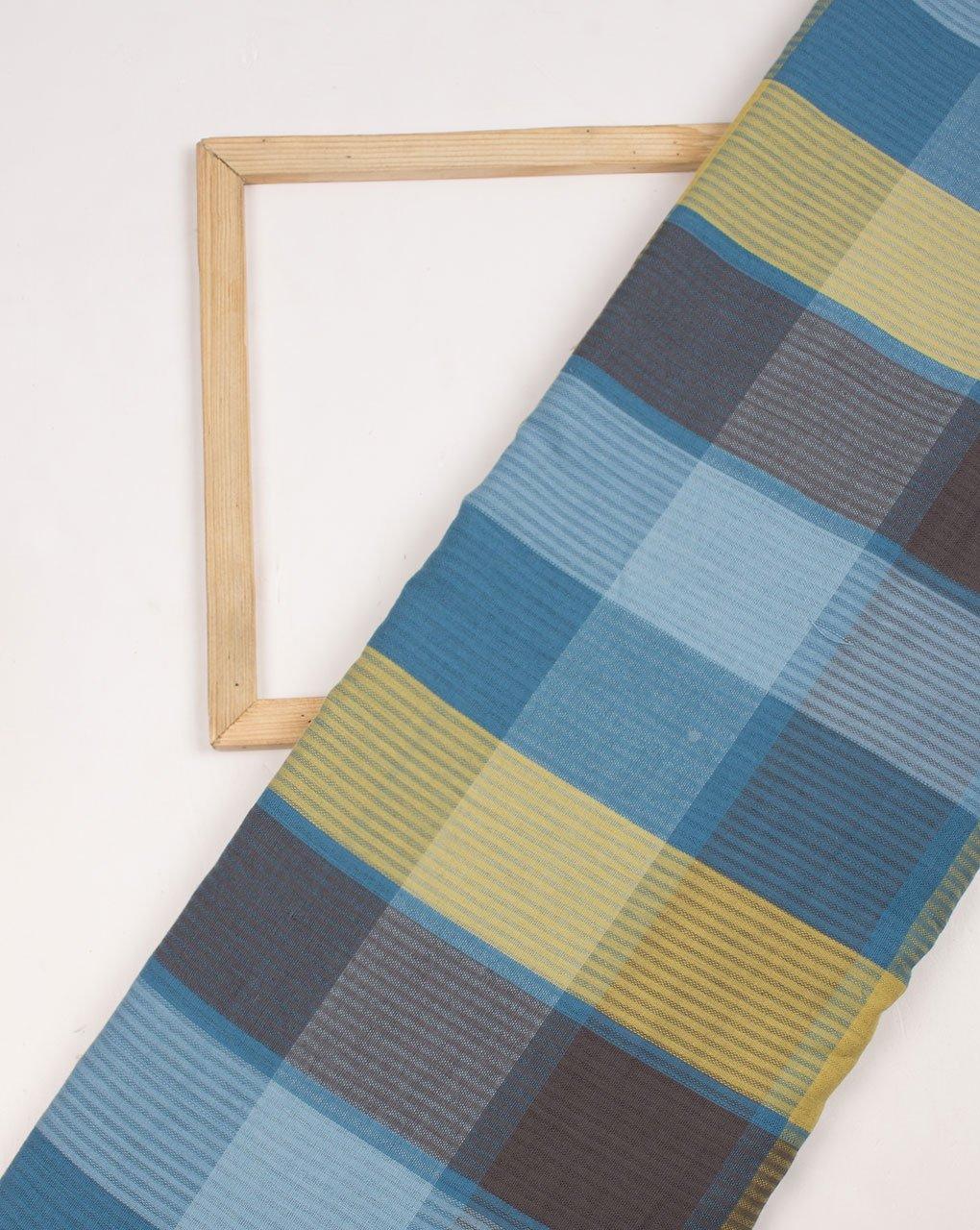 ( Pre-Cut 1.25 MTR ) Blue Yellow Stripes Woven Pure Handloom Cotton Fabric - Fabriclore.com