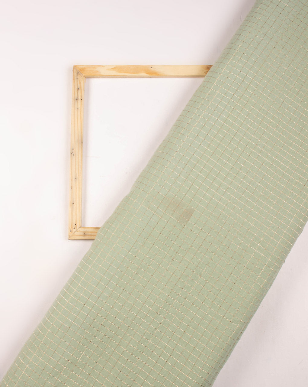 Sea Green Gold Checks Pattern Woven Lurex Loom Textured Cotton Fabric - Fabriclore.com