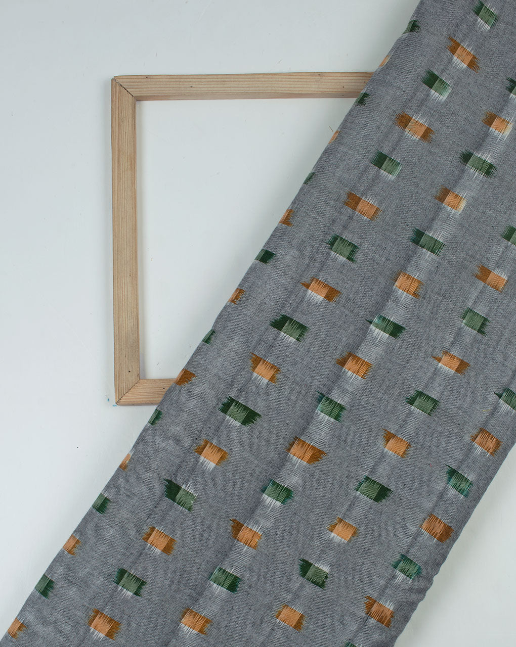 Grey Green Geometric Pattern Woven Double Ikat Cotton Fabric - Fabriclore.com