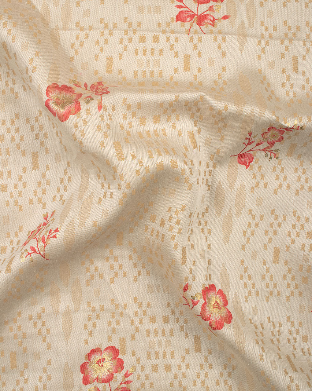 Off-White Red Floral Pattern Jacquard Screen Print Cotton Fabric - Fabriclore.com