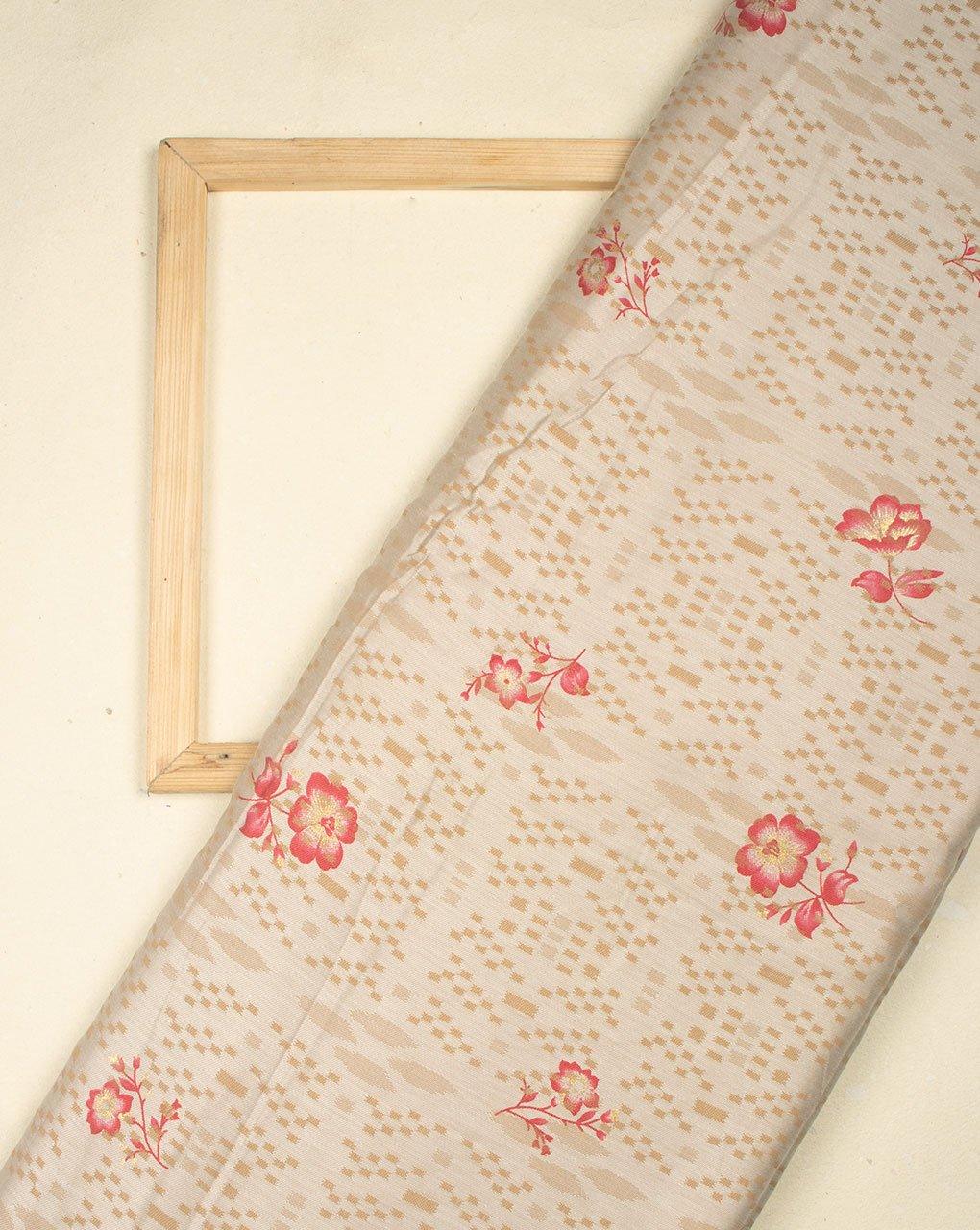 ( Pre-Cut 1.5 MTR ) Off-White Fuchsia Floral Pattern Jacquard Screen Print Cotton Fabric - Fabriclore.com