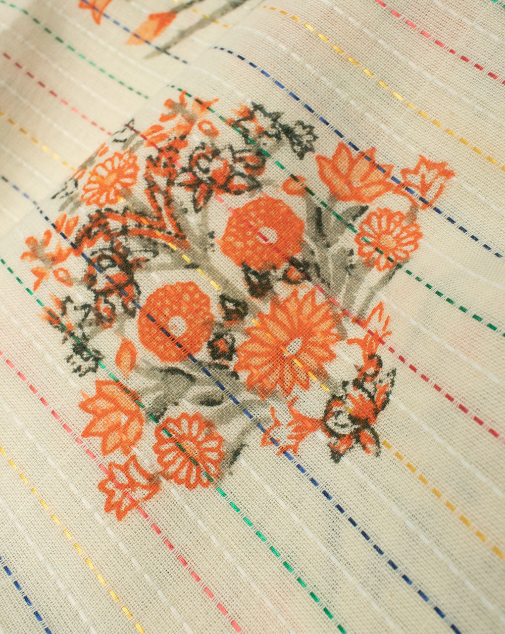 Off-White Orange Boota Pattern Kantha Screen Print Cotton Fabric - Fabriclore.com