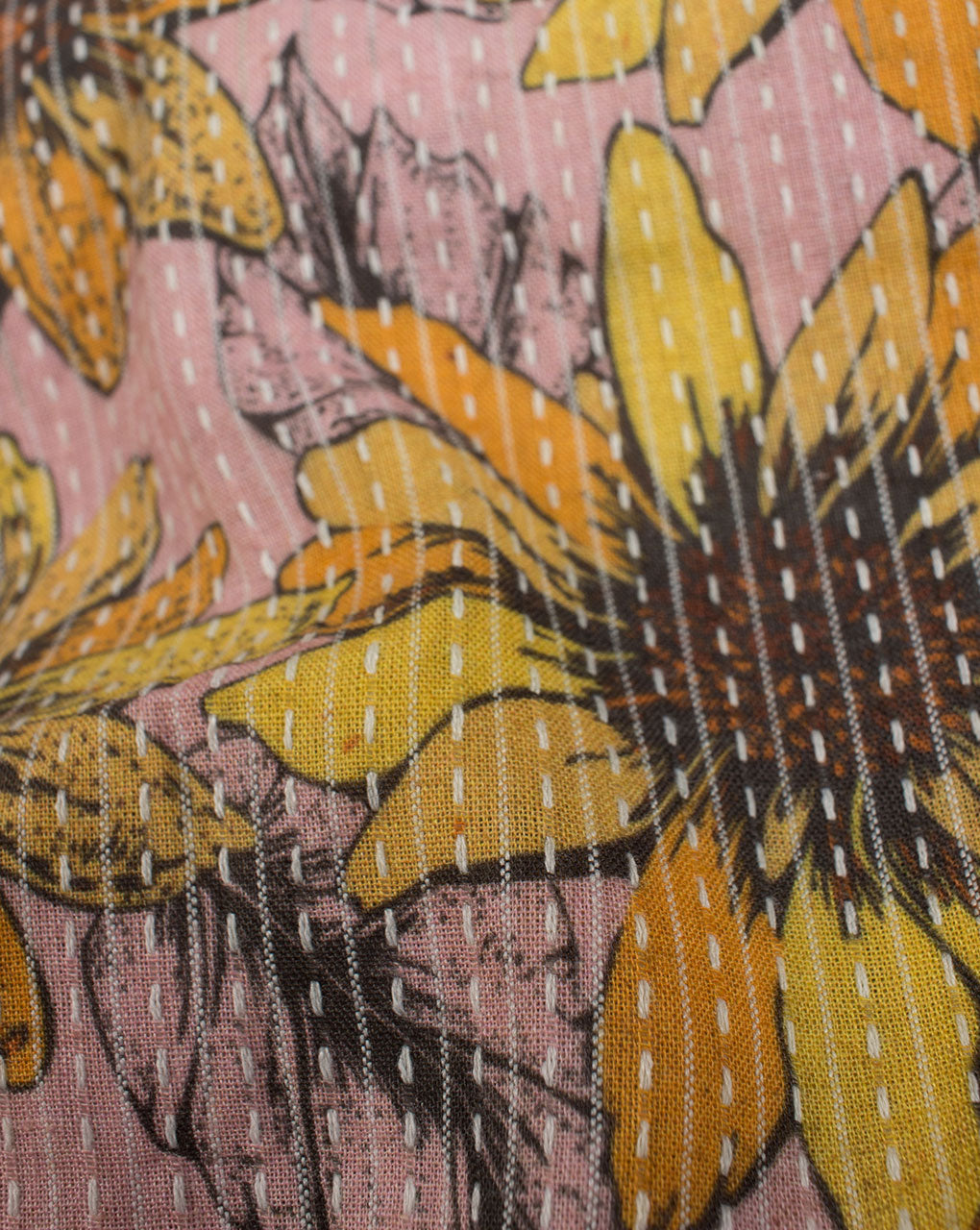 Pink Yellow Floral Pattern Kantha Digital Print Cotton Fabric - Fabriclore.com