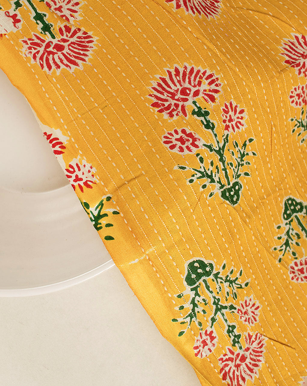 Yellow Floral Screen Print Kantha Cotton Fabric