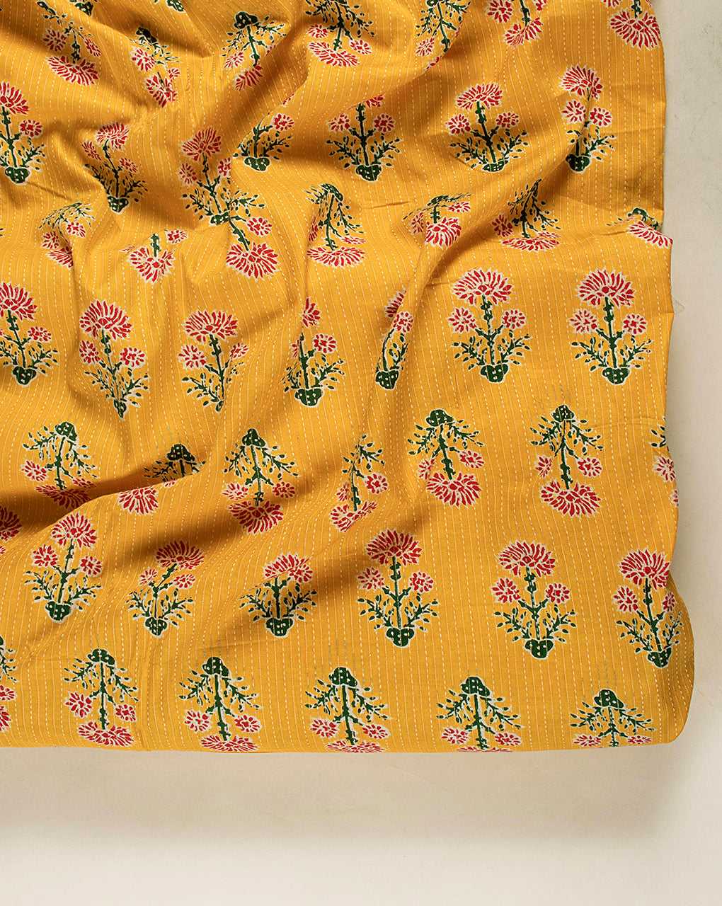 Yellow Floral Screen Print Kantha Cotton Fabric