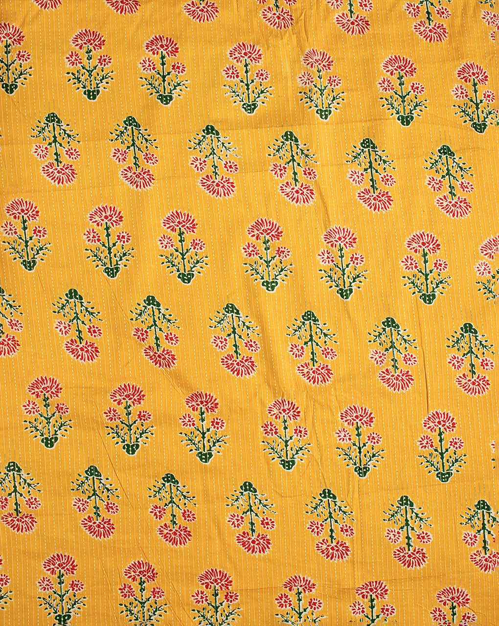 Yellow Floral Screen Print Kantha Cotton Fabric