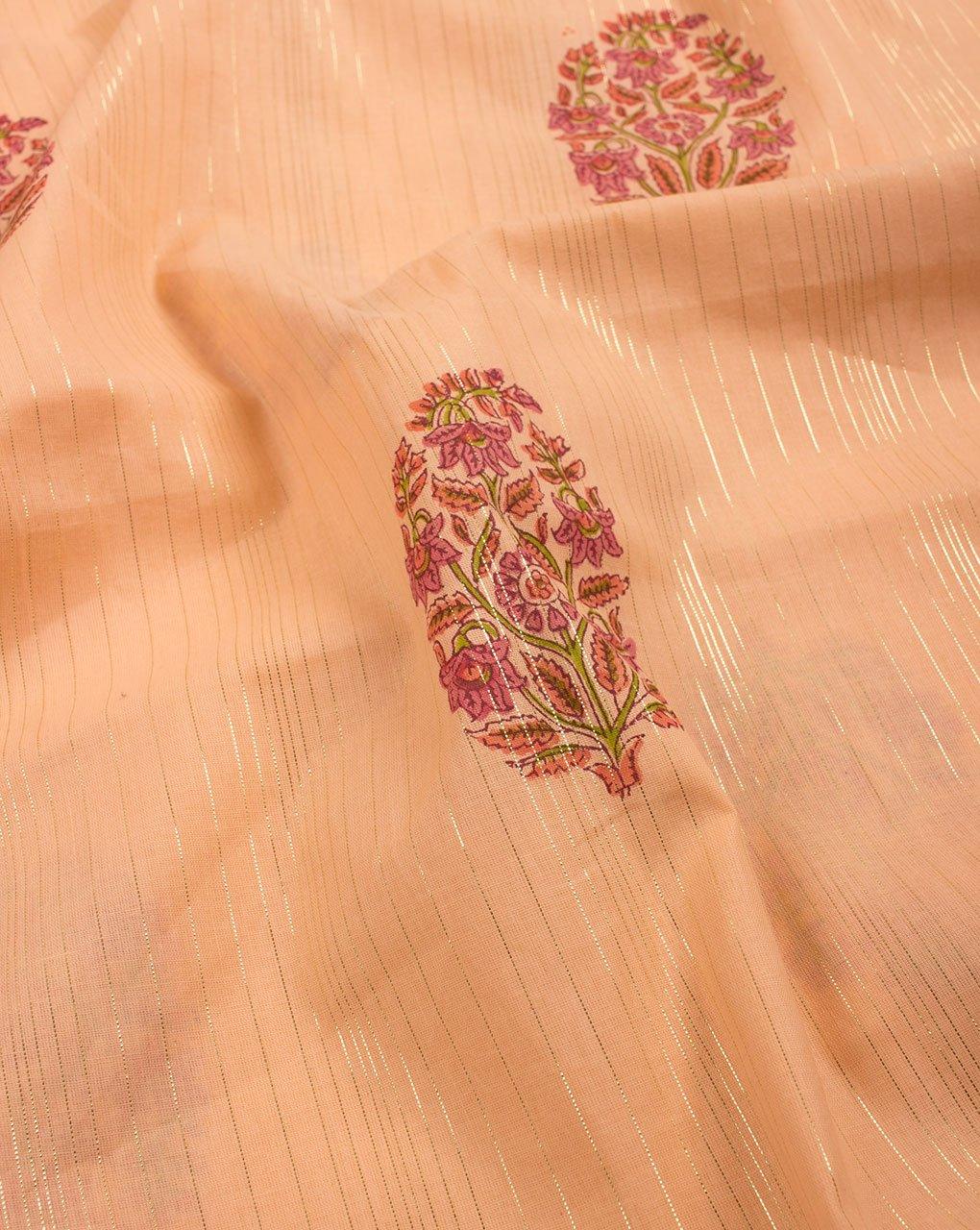 ( Pre-Cut 2 MTR ) Peach Gold Floral Pattern Screen Print Lurex Cotton Fabric - Fabriclore.com