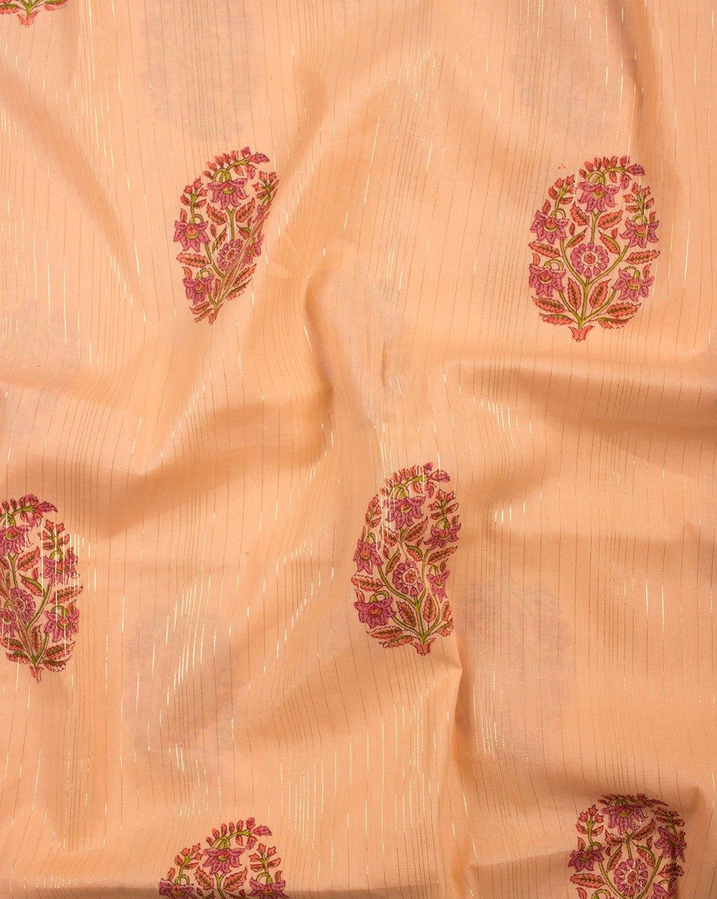 ( Pre-Cut 2 MTR ) Peach Gold Floral Pattern Screen Print Lurex Cotton Fabric - Fabriclore.com
