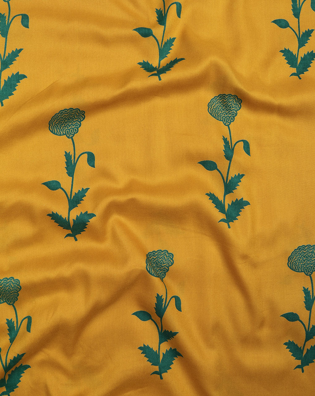 Mustard Yellow & Green Floral Discharge Rayon Fabric - Fabriclore.com