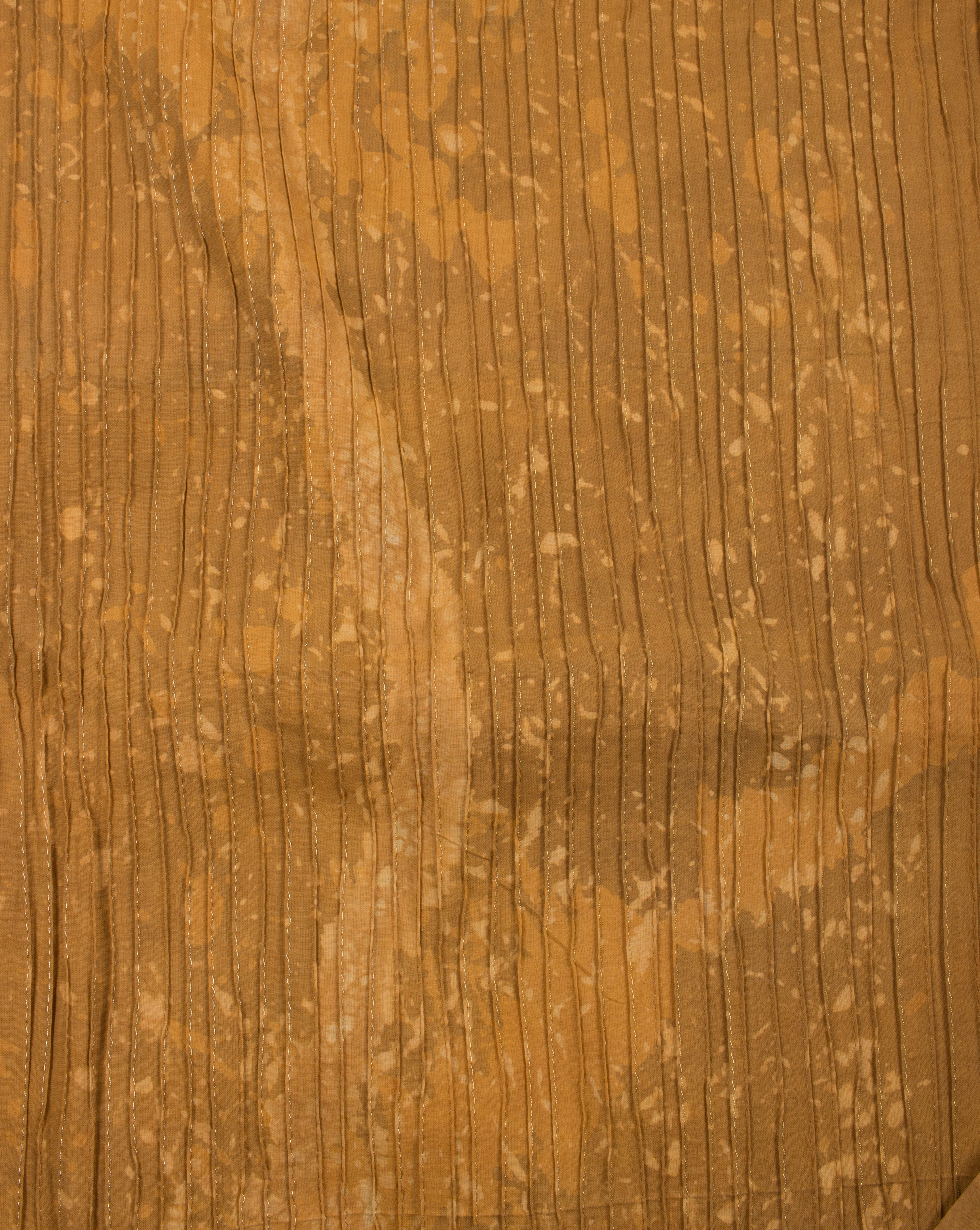 Mustard Yellow Brown Abstract Hand Block Zari Pin-Tucks Cotton Fabric - Fabriclore.com